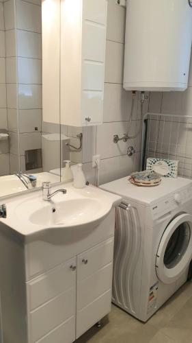 a bathroom with a sink and a washing machine at Apartment Near the Lakes in Plitvička Jezera