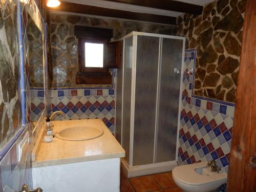 a bathroom with a sink and a shower and a toilet at Casa del Limonero in Guaro