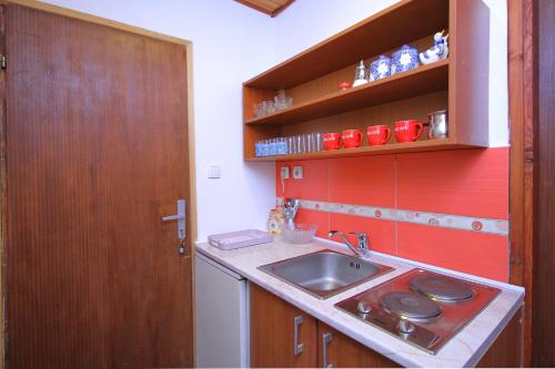 a kitchen with a sink and a red wall at Vila As in Zlatibor