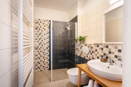 uma casa de banho com um WC, um lavatório e um chuveiro em Penzion Labska Marina em Poděbrady