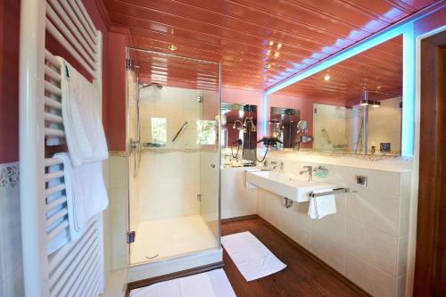 ein Bad mit einer Dusche und einem Waschbecken in der Unterkunft Garden-Hotel Reinhart in Prien am Chiemsee