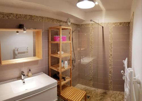 une salle de bain avec douche et lavabo dans l'établissement Maison Darshan piscine 11 personnes, à Collobrières