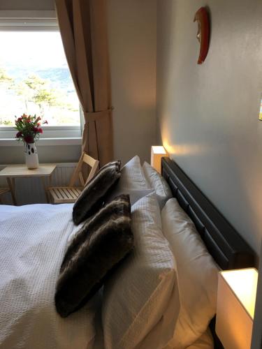 a bed with pillows on top of it with a window at Lochalsh View, Kyle, 1 Mile to Skye in Kyle of Lochalsh