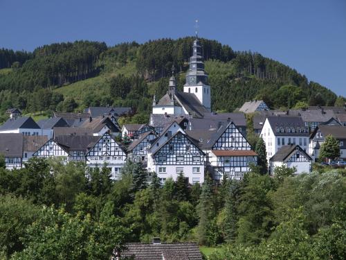 a town on a hill with a church at Hotel Hesborner Kuckuck in Hallenberg