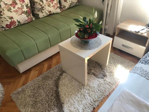una sala de estar con sofá y mesa con una planta. en Apartments Debora, en Ulcinj