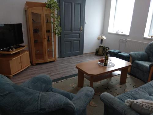 a living room with couches and a table and a tv at Apartmány U splavu in Veselí nad Moravou