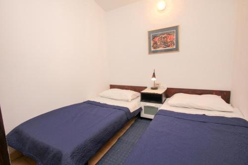 a bedroom with two beds and a table with a lamp at Apartment Lavender in Selca kod Bogomolja