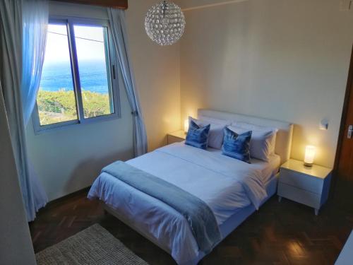 a bedroom with a bed with blue pillows and a window at Atlantic house in Gaula