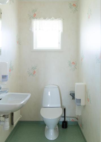 a bathroom with a white toilet and a sink at Visingsö Vandrarhem in Visingsö