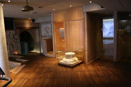 塞哥維亞的住宿－穆德哈爾之家水療酒店，一间铺有木地板的玻璃箱客房