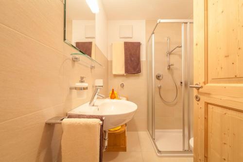La salle de bains est pourvue d'un lavabo et d'une douche. dans l'établissement Chalet Martin, à Valdaora