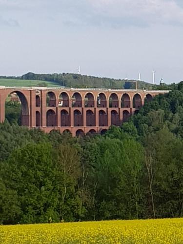 a bridge over a hill with a field of flowers at Parkschlösschen in Greiz in Greiz