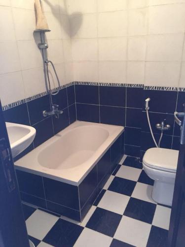 uma casa de banho azul e branca com uma banheira e um WC em Agami Apartment em Alexandria