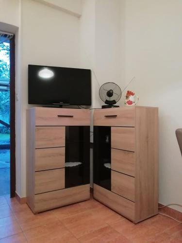a entertainment center with a television on top of it at Apartmani Spomenka in Seline
