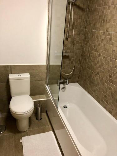 a bathroom with a toilet and a bath tub at Stelvio in Aviemore