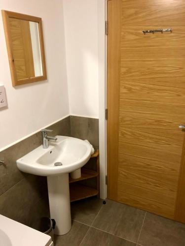 a bathroom with a sink and a wooden door at Stelvio in Aviemore