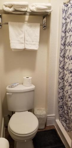 a bathroom with a toilet and a shower with towels at Orange Village Hostel in San Francisco