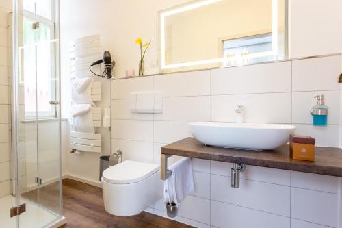 a white bathroom with a sink and a toilet at Villa Sachsenhof in Bad Schlema