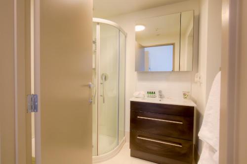 ein Bad mit einer Dusche, einem Waschbecken und einem Spiegel in der Unterkunft Supreme Lakefront in Queenstown