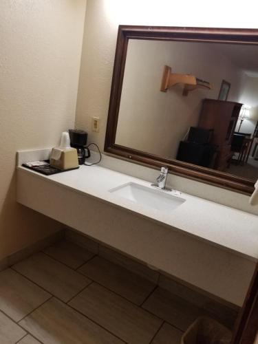 baño con lavabo y espejo grande en Eufaula Inn en Eufaula