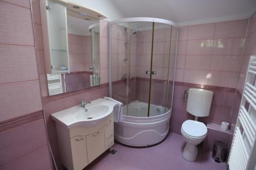 a pink bathroom with a sink and a toilet at Casuta cu Zorele in Martinie