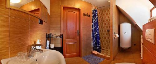 a bathroom with a sink and a shower at Penzion Kříž in Český Krumlov