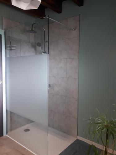 une douche avec une porte vitrée dans une salle de bain dans l'établissement Un Beau Regard sur la nature !, à Mauléon