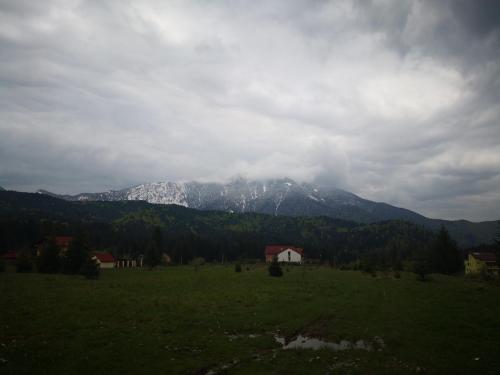 a snow covered mountain in a field with a house at Casa de Vacanta Predeal in Predeal