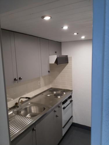 a small kitchen with a sink and a stove at Haus Opal Wohnung Nr. 31 in Grächen