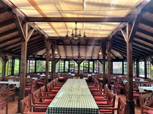 a large dining room with a long table and chairs at Pensiunea Apfelhaus in Cisnadioara
