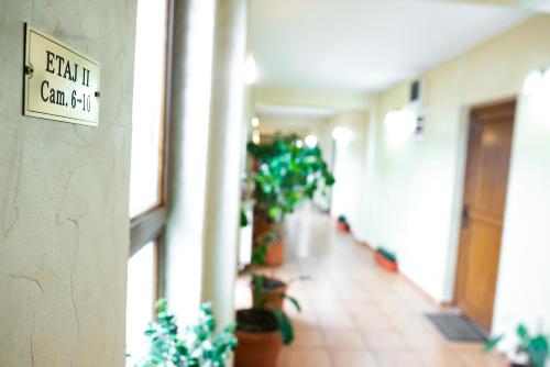 a hallway with potted plants and a sign on a wall at Complex Ramiro in Suceava