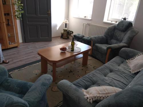 a living room with couches and a table with a bottle of wine at Apartmány U splavu in Veselí nad Moravou