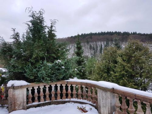 a wooden fence with snow on top of it at Ferienhaus _Am Hexenstieg_ in Rübeland