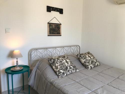 1 cama con 2 almohadas en una habitación en Maylou Baan, en Marseillan