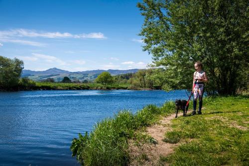 a woman standing next to a river with a dog at Logierait Pine Lodges in Pitlochry