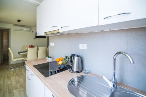 uma cozinha com um lavatório e uma bancada em Mobile Homes Pine Tree em Dobropoljana