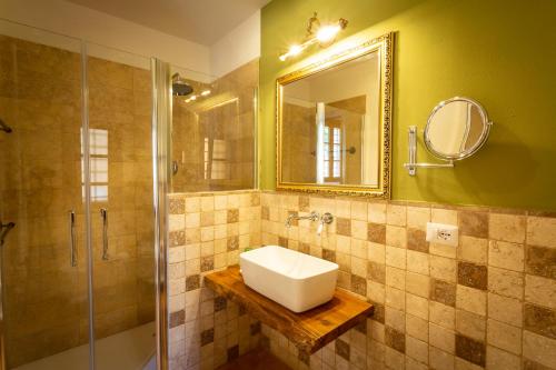 a bathroom with a sink and a mirror and a shower at Villa Amadeo by PosarelliVillas in Montaione
