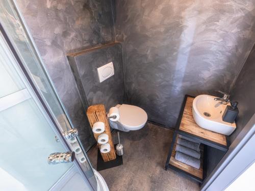 an overhead view of a bathroom with a toilet and sink at WUDINO - Ubytování v přírodě, se zvířaty v industriálním duchu, in Ostrov u Macochy