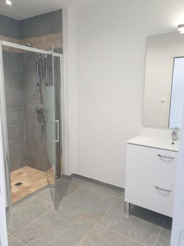 une salle de bain avec une douche avec une porte vitrée dans l'établissement Corsica Résidence Galitello, à Monticello