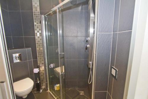 une salle de bain avec une douche en verre et des toilettes dans l'établissement PROMENADE HOLIDAY - ROYAL LUXEMBOURG - 2, à Nice