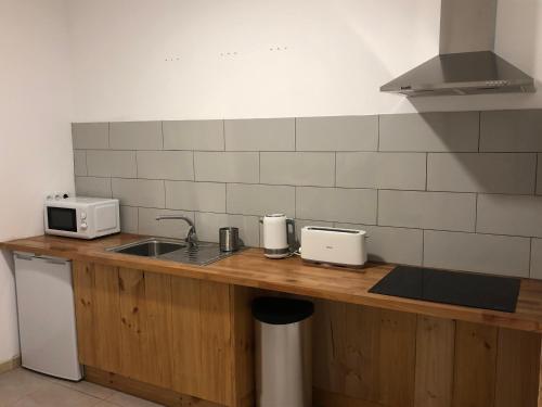 encimera de cocina con fregadero y microondas en Columbus Apartments Co-Living en Las Palmas de Gran Canaria