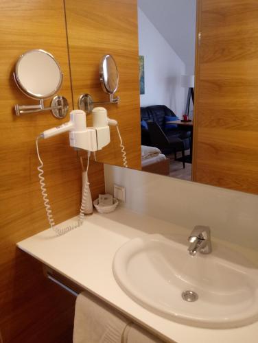La salle de bains est pourvue d'un lavabo et d'un miroir. dans l'établissement Hotel Eisenhuthaus, à Poysdorf