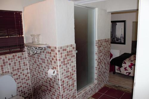 a bathroom with a tiled shower with a mirror at The Well guesthouse/Retreat in Kroonstad