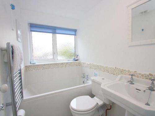 a white bathroom with a toilet and a sink at Driftwood Cottage in St Austell