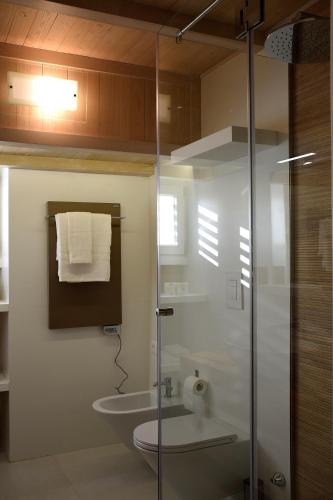 a bathroom with a glass shower with a toilet and a sink at Le Suite del Duomo in Cava deʼ Tirreni