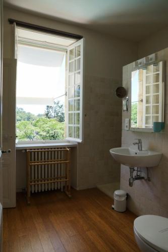 une salle de bain avec un lavabo et des toilettes et une fenêtre dans l'établissement Domaine de Migoule, à Brive-la-Gaillarde