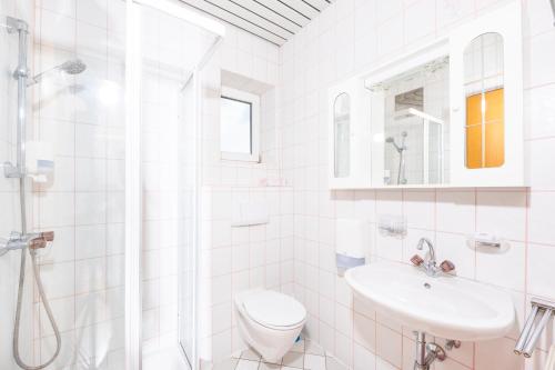 a white bathroom with a toilet and a sink at Donauschlössel in Spitz