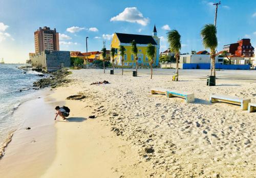 a person standing on a sandy beach near the water at Villa Amalie & Villa Curiel in Willemstad