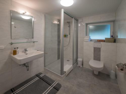 a bathroom with a shower and a sink and a toilet at Landhaus Lilly in Obertraun