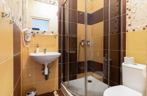 a bathroom with a shower and a sink and a toilet at Willa Kłodzko-Zacisze - sauna, siłownia, komnata solna, parking in Kłodzko